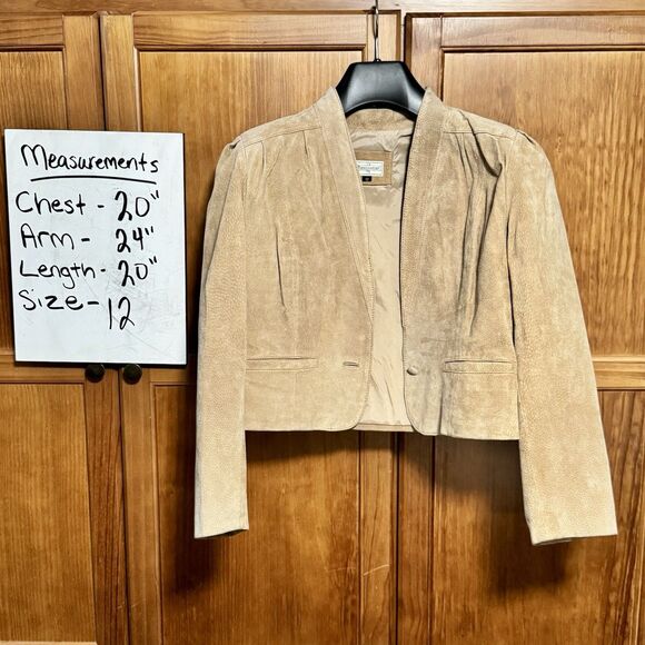 Vintage Western Cropped Suede Leather Jacket Size 12, Beige Tan, Made in Korea - Picture 2 of 9